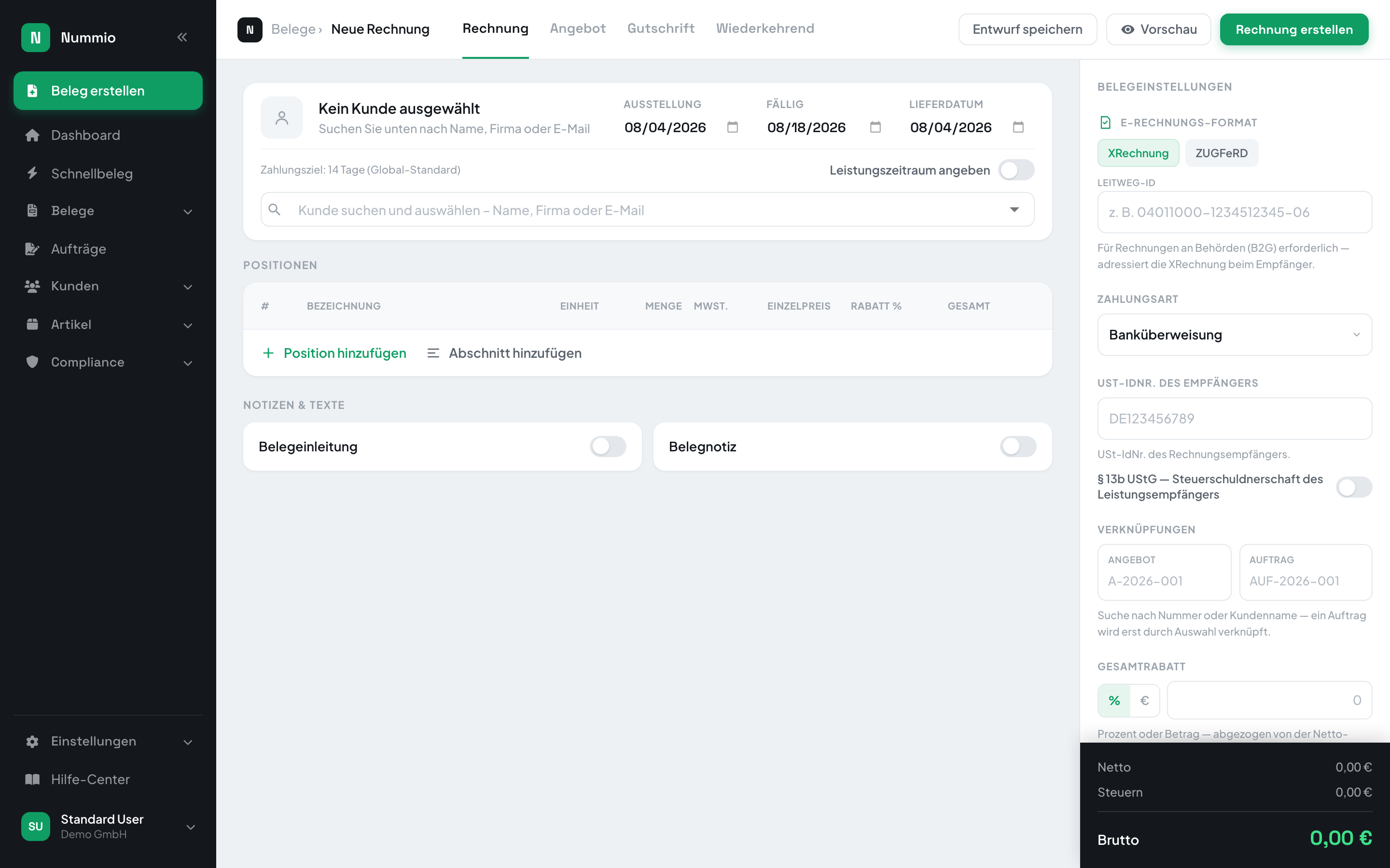 Nummio-Belegeditor mit Positionsliste und Live-Summen